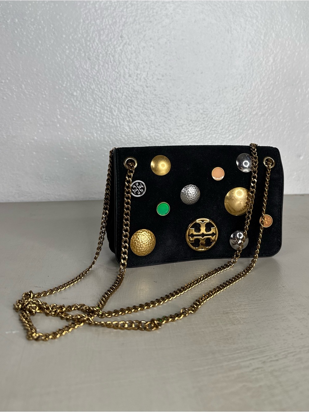 Tory Burch Chelsea Bag Black Velvet Studded Crossbody with Gold Chain